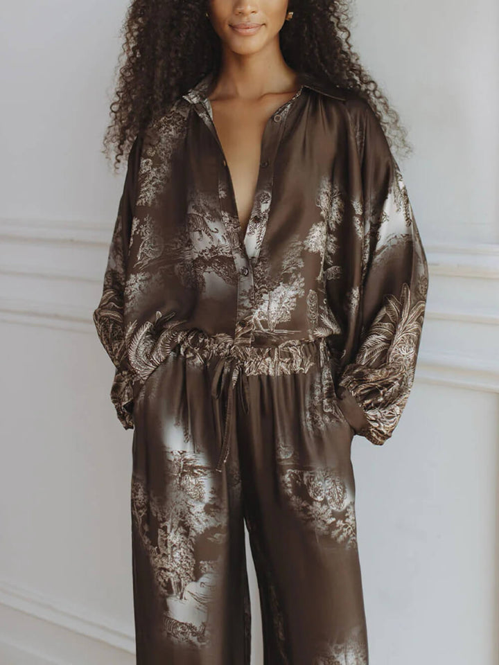 Unique Brown Floral Print Loose Top And Elastic Waist Wide-Leg Pants Set