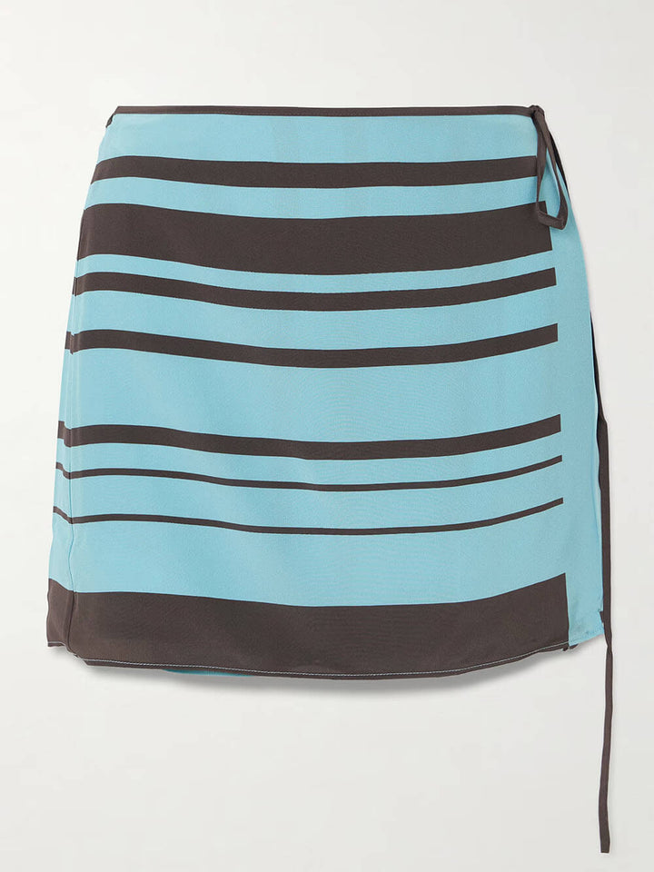 Fashion Striped Print Backless Vest Top And Mini Wrap Skirt Set