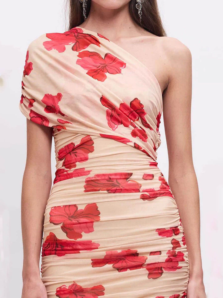 Chic Asymmetric Floral Print Mesh Mini Dress