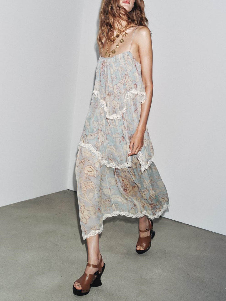 Retro Floral-Print Tiered Lace-Paneled Chiffon Maxi Dress