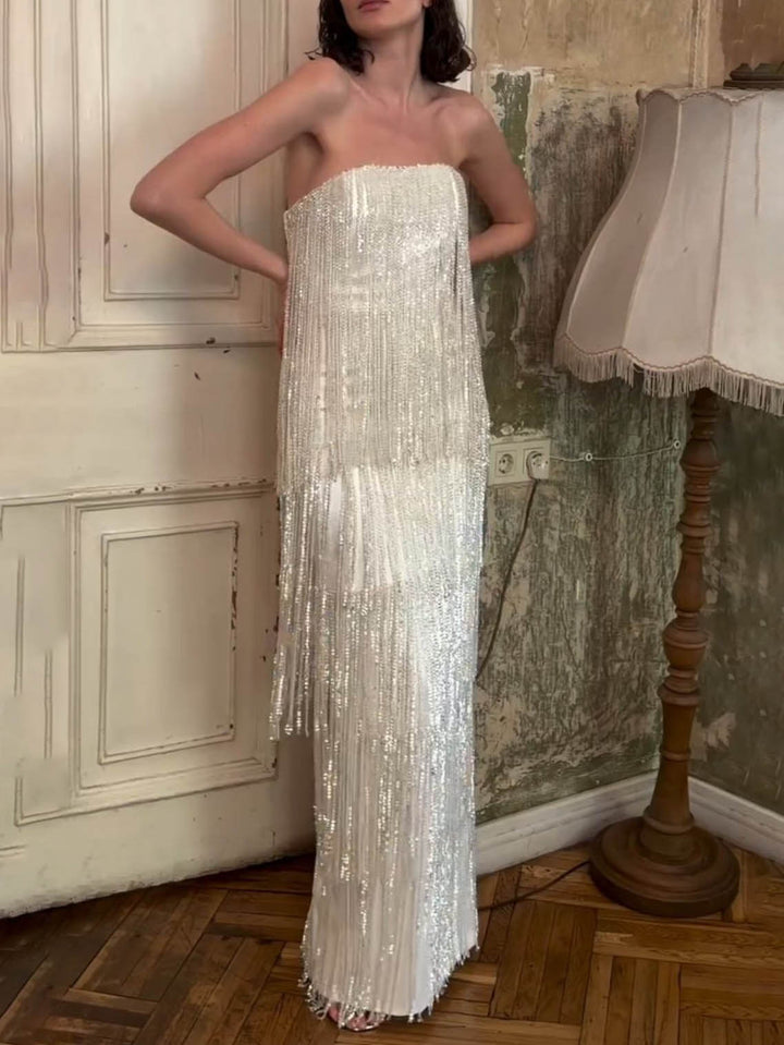 Sequin Tiered Fringe Strapless Maxi Dress