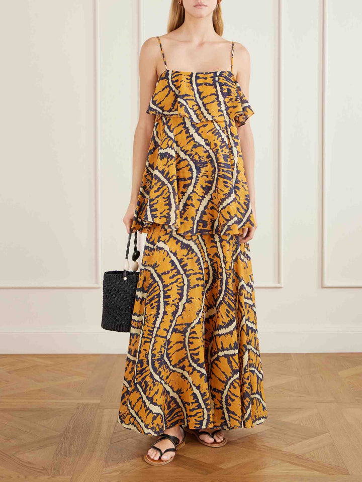 Elegant Abstract Print Tiered Spaghetti Strap Maxi Dress