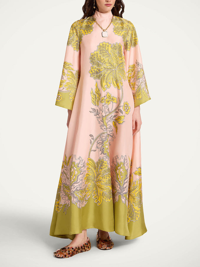 Elegant Retro Print Satin Tie-Waist Maxi Dress