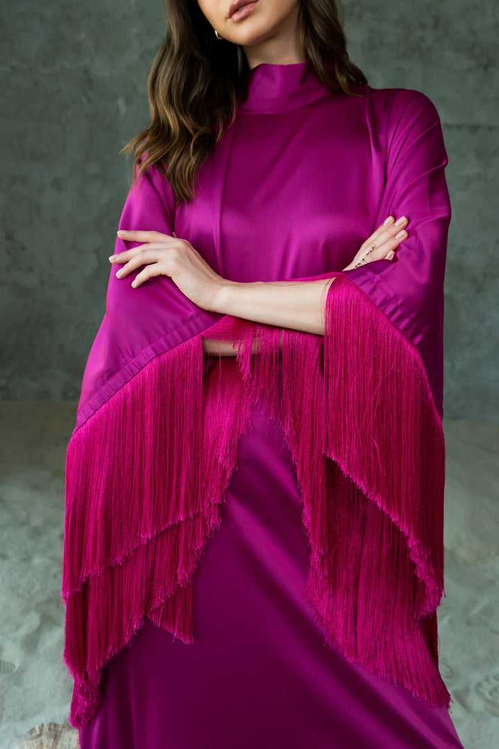Elegant High-Neck Fringe Trim Asymmetrical Maxi Dress