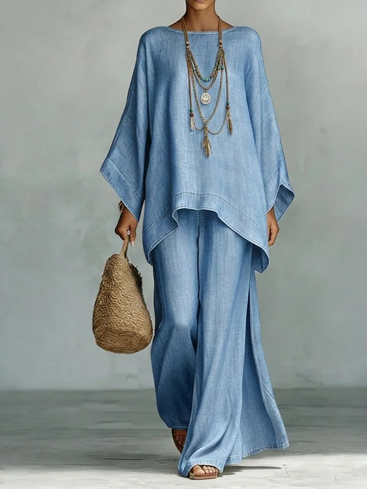 Casual Denim Batwing Asymmetrical Top & Wide Leg Pants Set