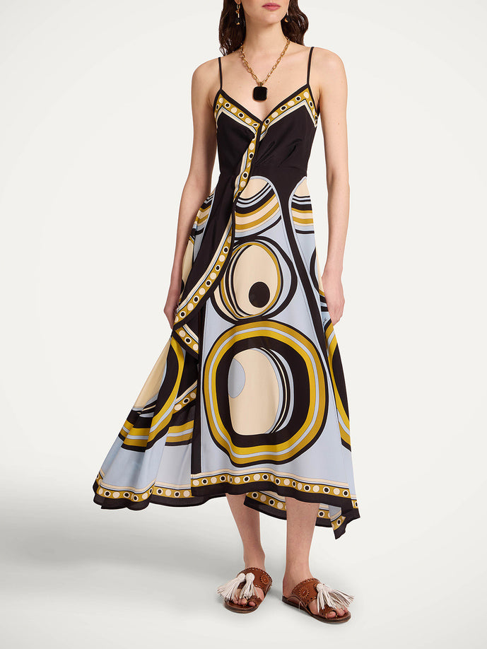 Retro Geometric Print V-Neck Slip Midi Dress