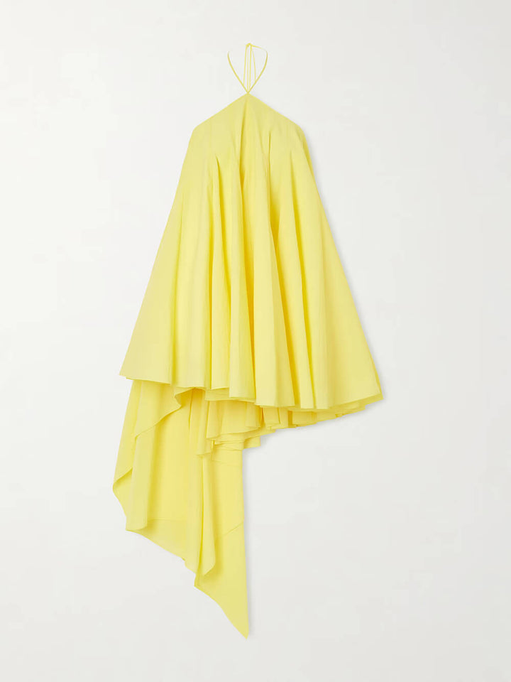 Elegant Yellow Asymmetrical Chiffon Crepe Halterneck Mini Dress