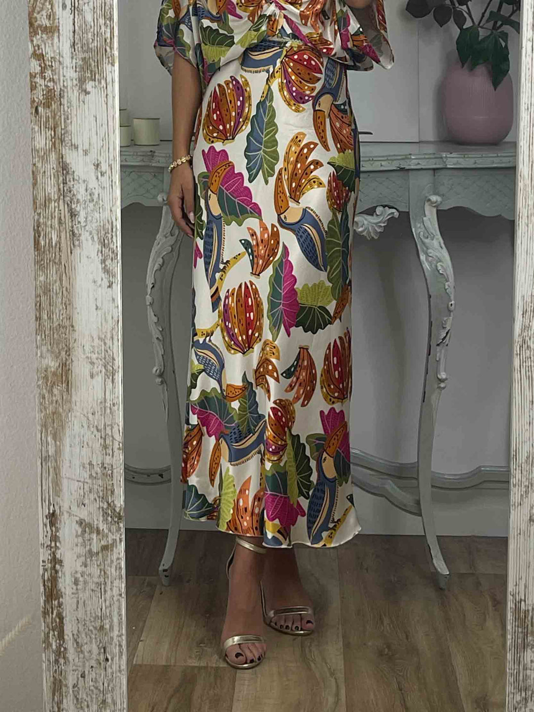 Retro Jungle Palm Leaf Satin Print Batwing Sleeve Shir