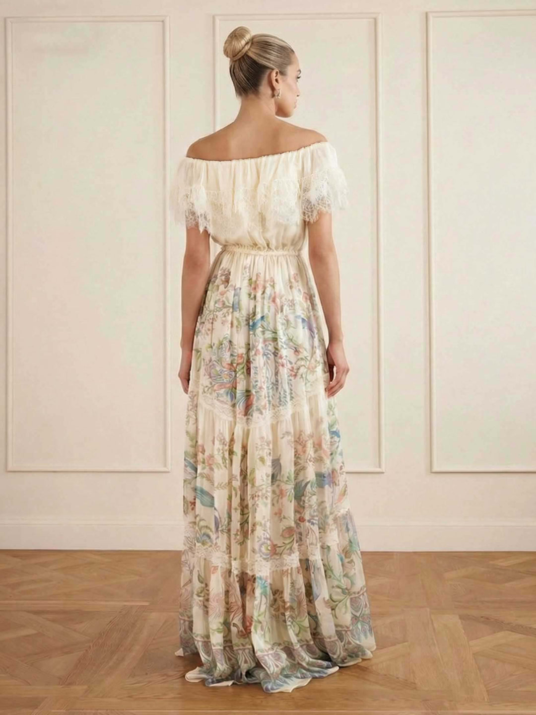 Bohemian Floral Bird Print Off-Shoulder Tiered Maxi Dress