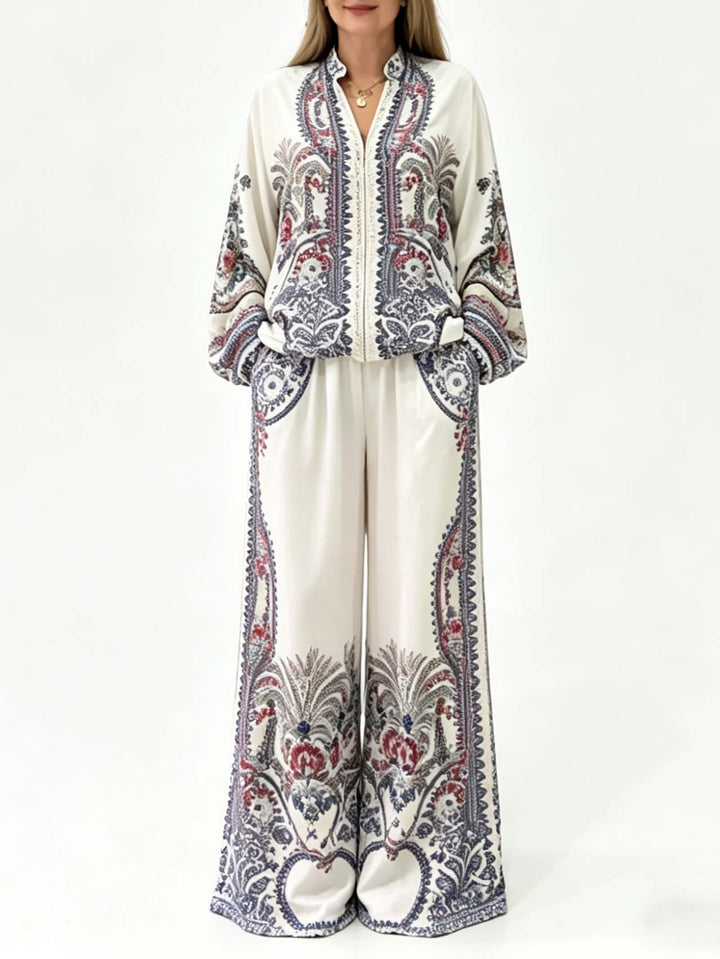 Elegant Paisley Print Zip-Up Shirt & Wide Leg Pants Set
