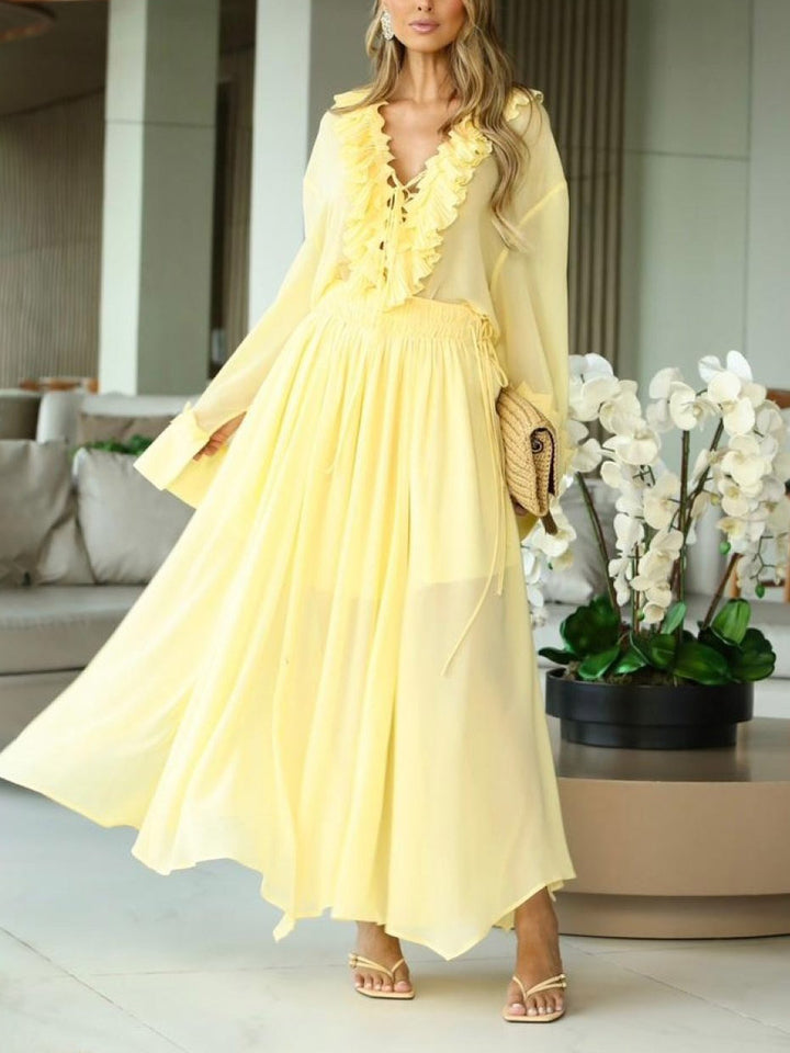 Elegant Ruffled V-Neck Chiffon Blouse