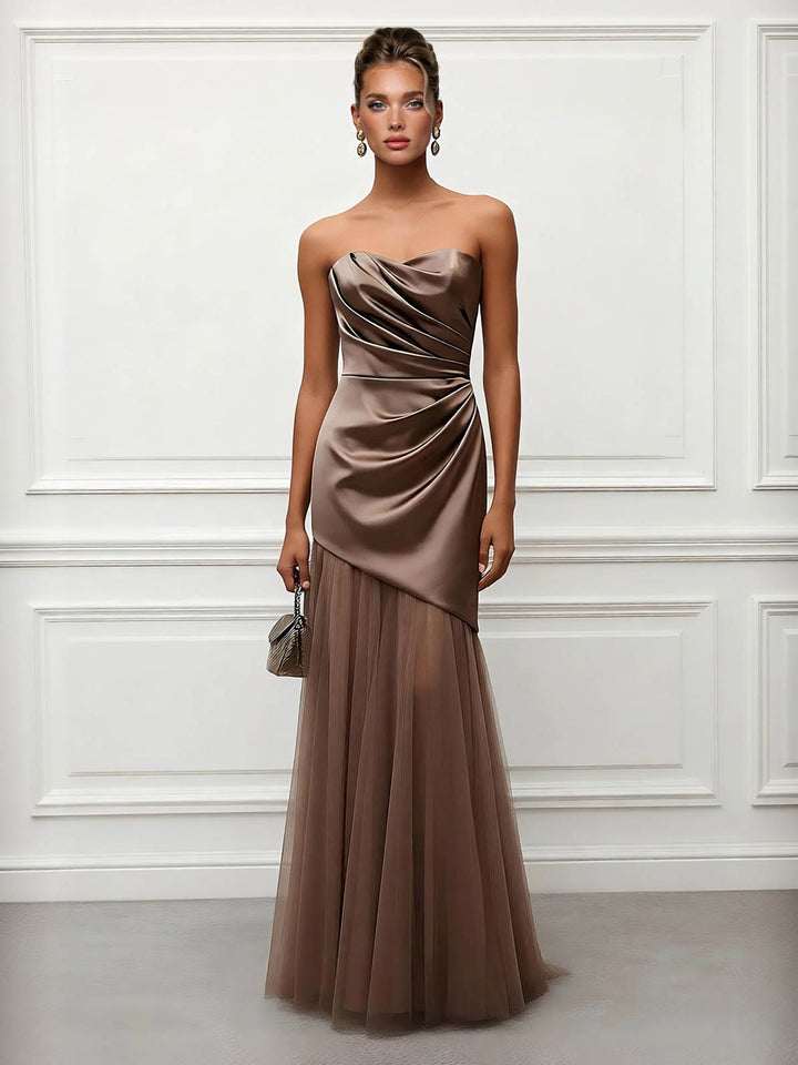 Elegant Strapless Draped Satin Evening Gown Maxi Dress