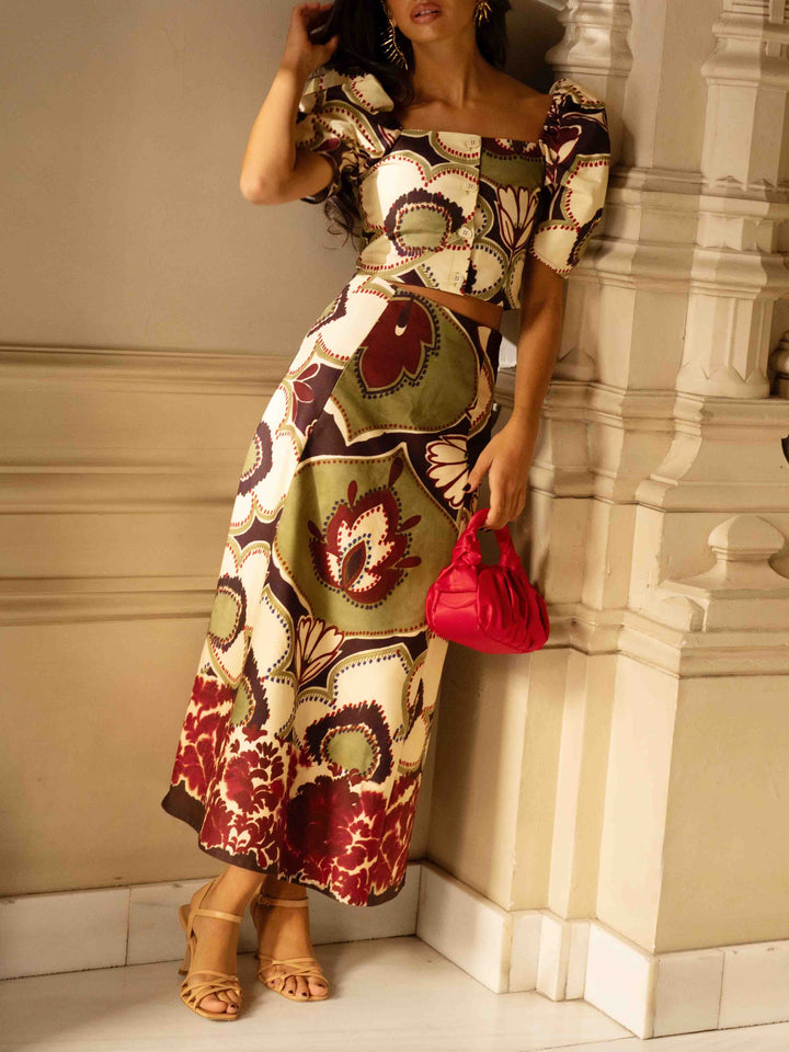 Elegant Retro Floral High-Waist A-Line Midi Skirt