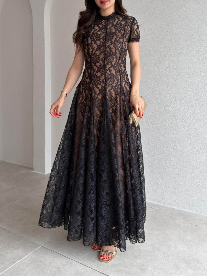 Elegant Sheer Tulle Floral Lace A-Line Maxi Dress
