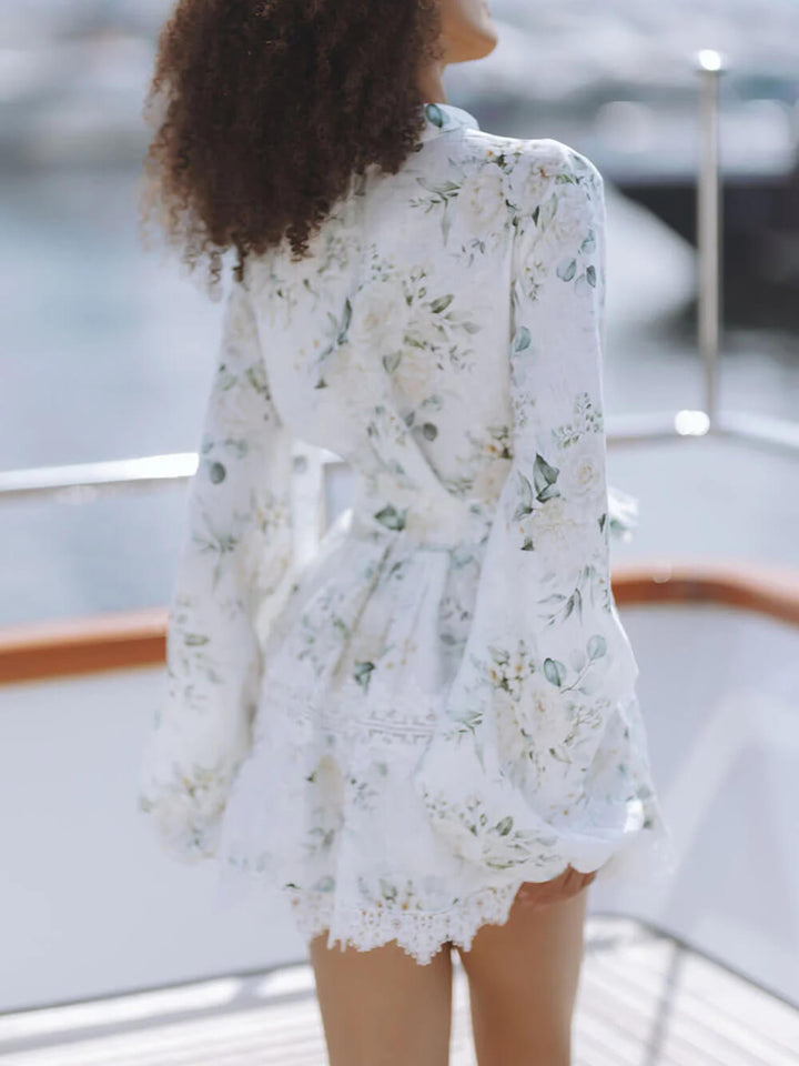 Elegant Floral Print Lace Trim Linen Mini Dress