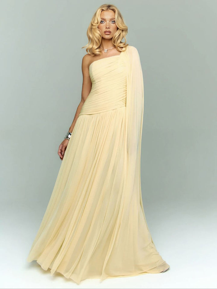 Elegant One-Shoulder Ruched Chiffon Maxi Dress
