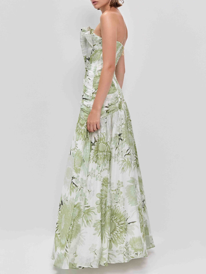 Elegant Floral Print Strapless Maxi Dress