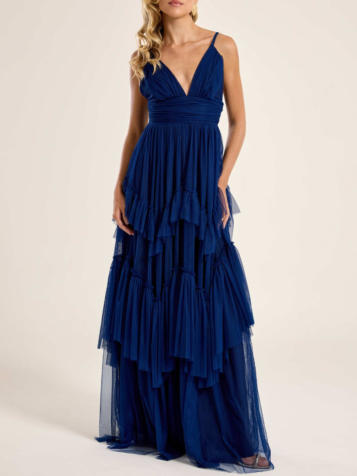 Elegant Deep V-Neck Tiered Tulle Maxi Dress