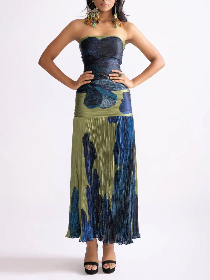 Painterly Floral Print Pleated Off-the-shoulder Maxi Dress