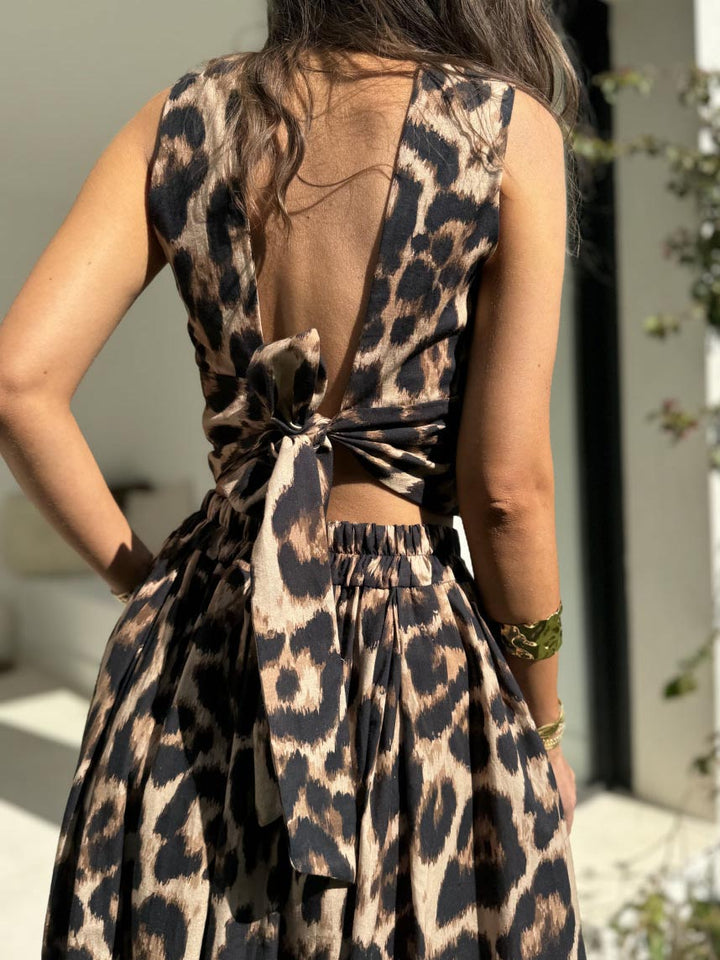 Bohemian Leopard Print Sleeveless Top & Flowy Maxi Skirt Set