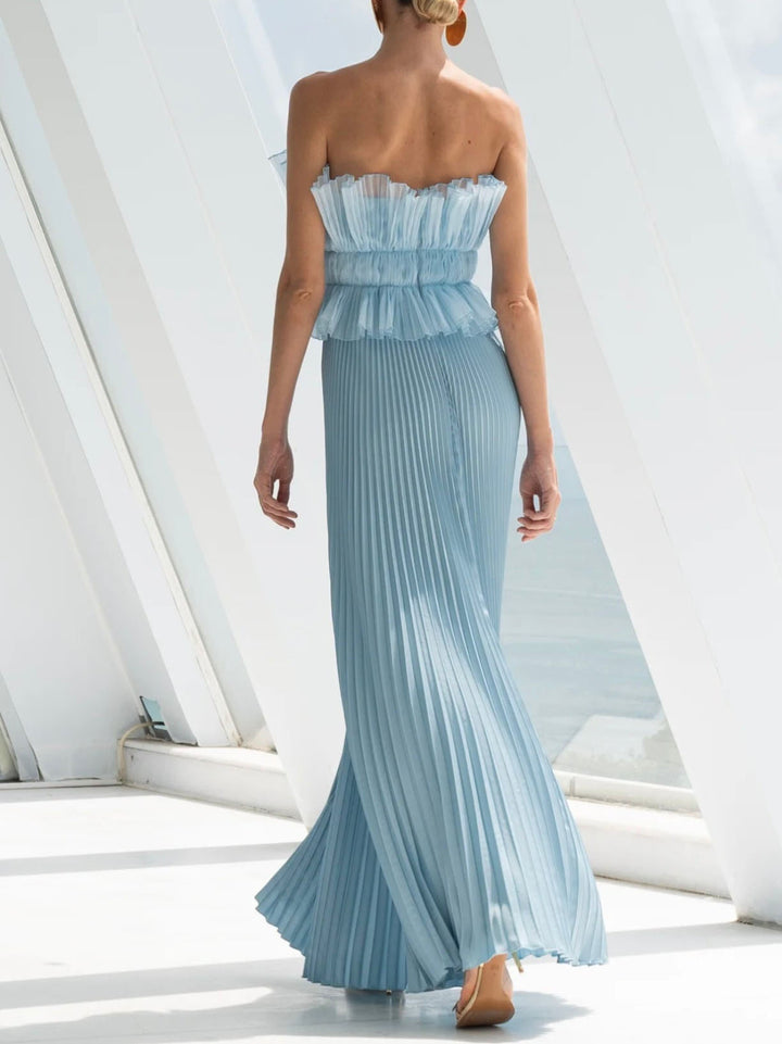 Blush Metallic Pleated Strapless Maxi Dress