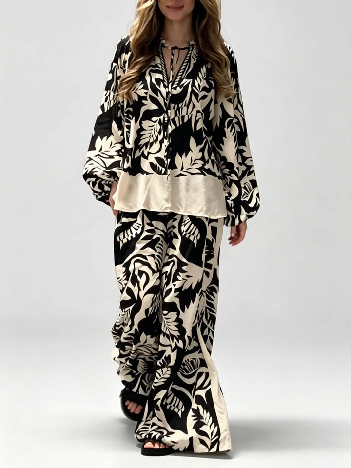 Bohemian Leaf Print V-Neck Satin Shirt & Wide-Leg Pants Set