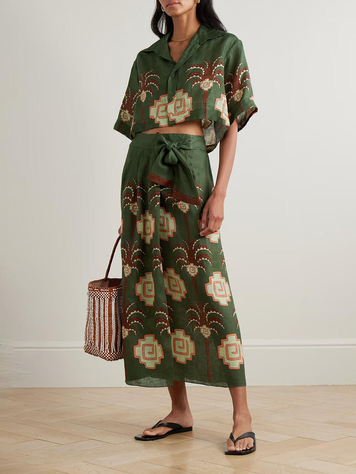 Retro Palm Tree Print Cropped Linen Shirt