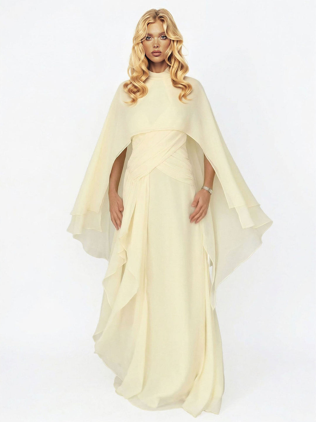 Elegant Cape Style Ruched Ruffle Maxi Dress