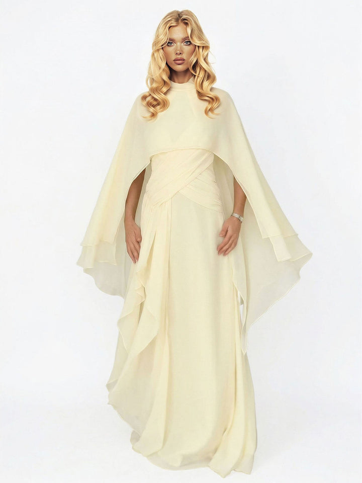 Elegant Cape Style Ruched Ruffle Maxi Dress