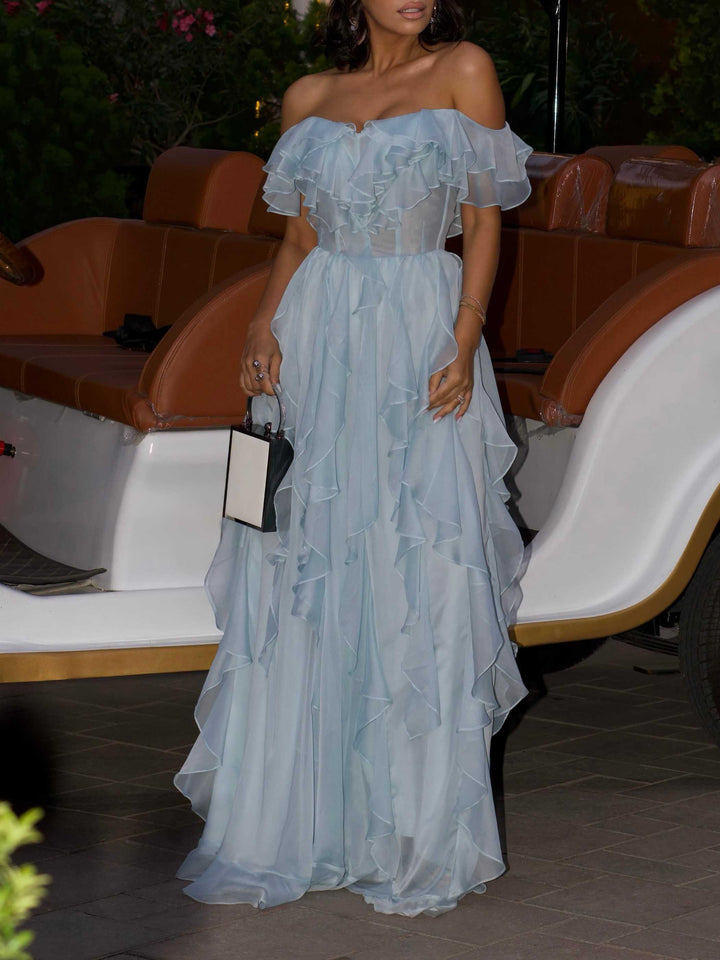 Elegant Off-Shoulder Ruffle Chiffon Maxi Dress
