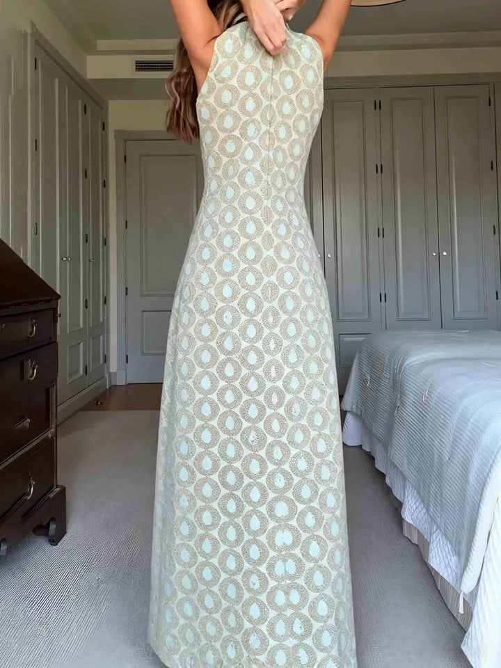 Elegant Geometric Print High Neck Slit Maxi Dress