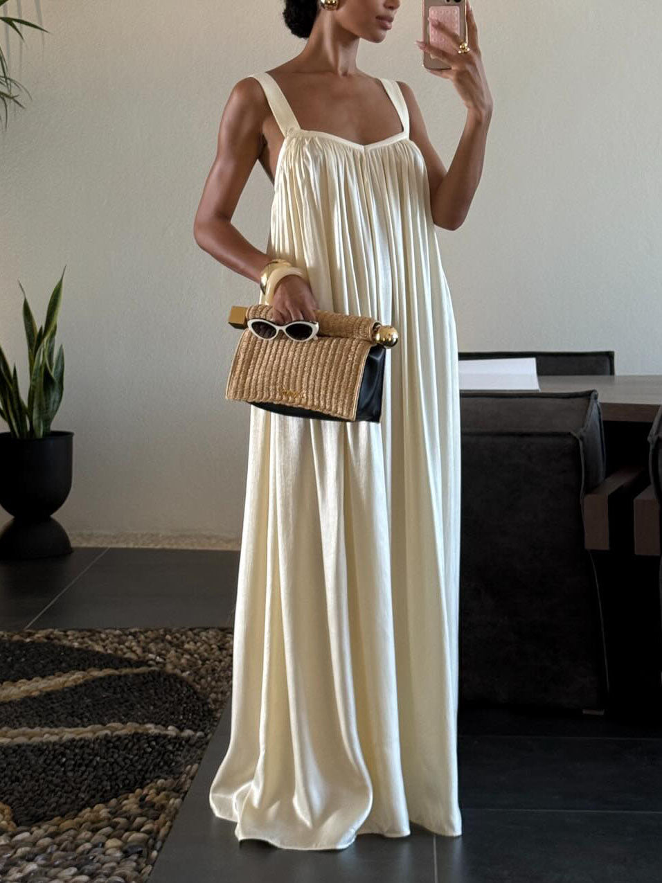 Elegant Satin Square Neckline Flowing Pleated Halter Dress