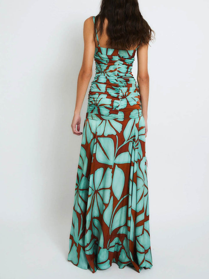 Bohemian Tropical Leaf Print Satin Maxi Dress Two-Piece Set