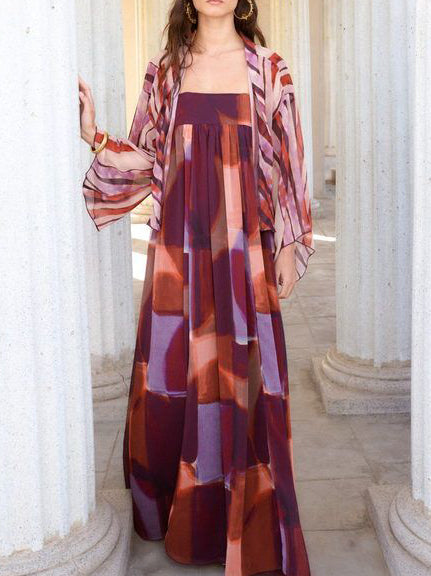 Abstract Watercolor Print Maxi Dress & Kimono Two-Piece Set