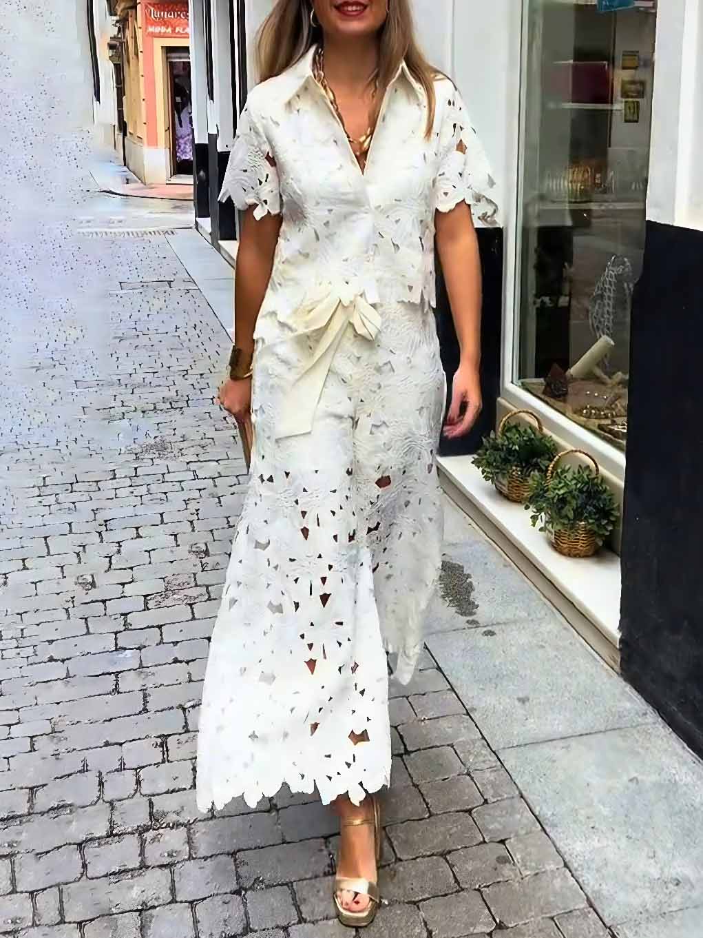 Casual Cutout Lace Wide-Leg Pants
