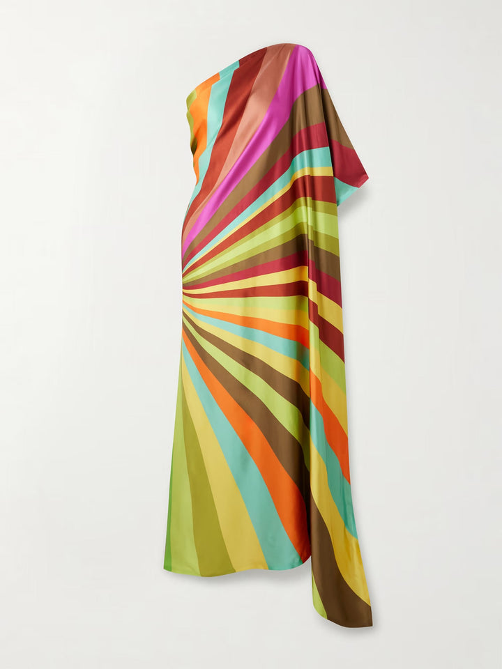 Elegant One-Shoulder Draped Colorful Stripe Print Satin Maxi Dress