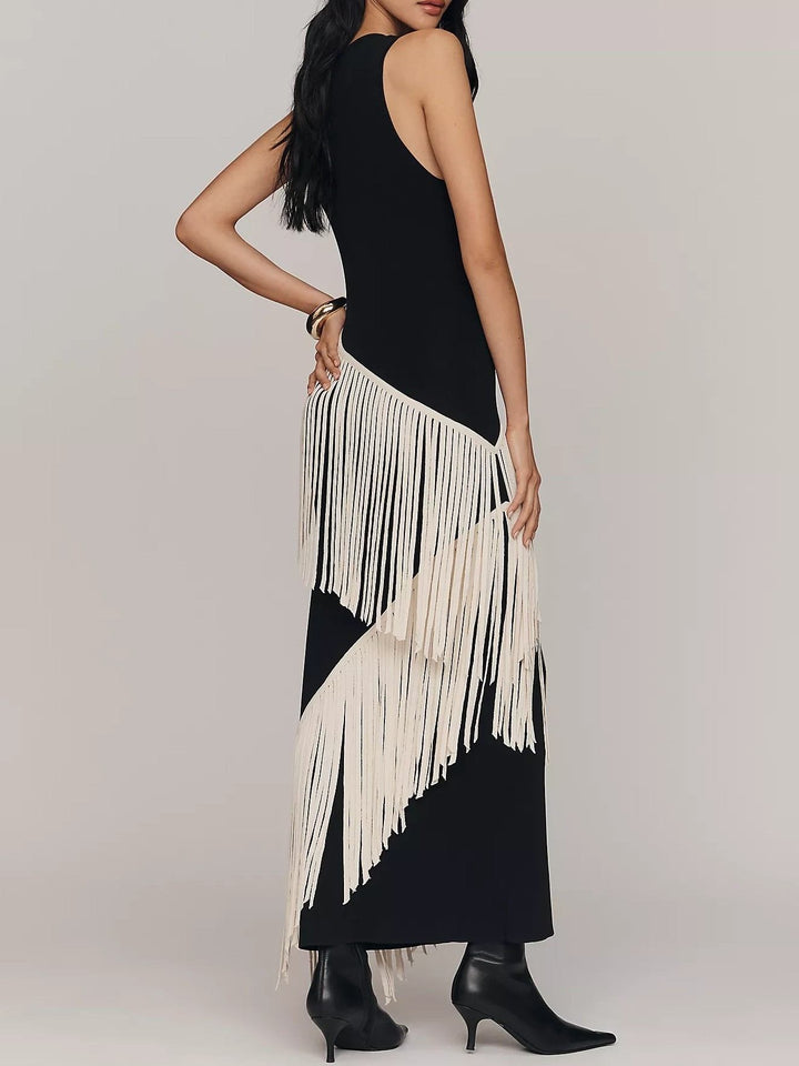 Elegant Asymmetrical Fringe Trim Bodycon Maxi Dress