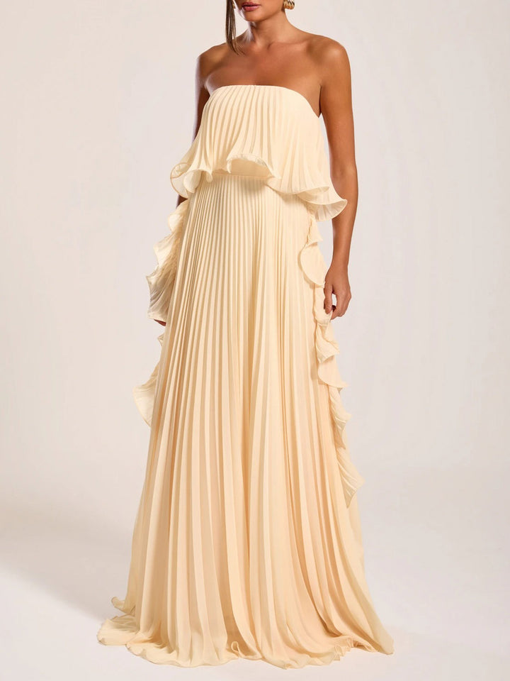 Elegant Strapless Pleated Ruffled Chiffon Maxi Dress