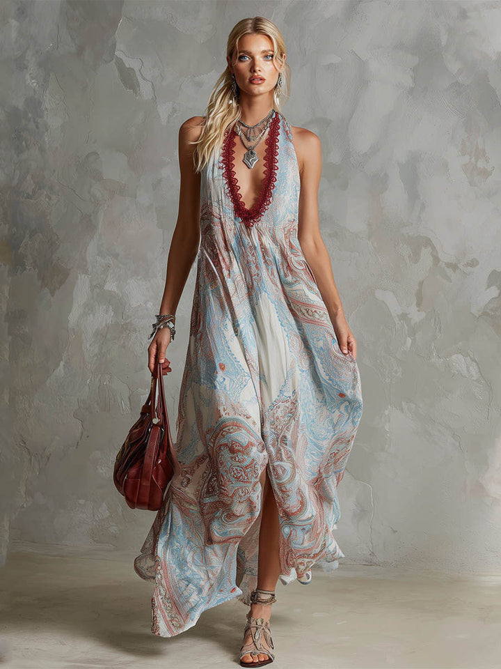 Retro Ethnic Print Sleeveless Chiffon Maxi Dress