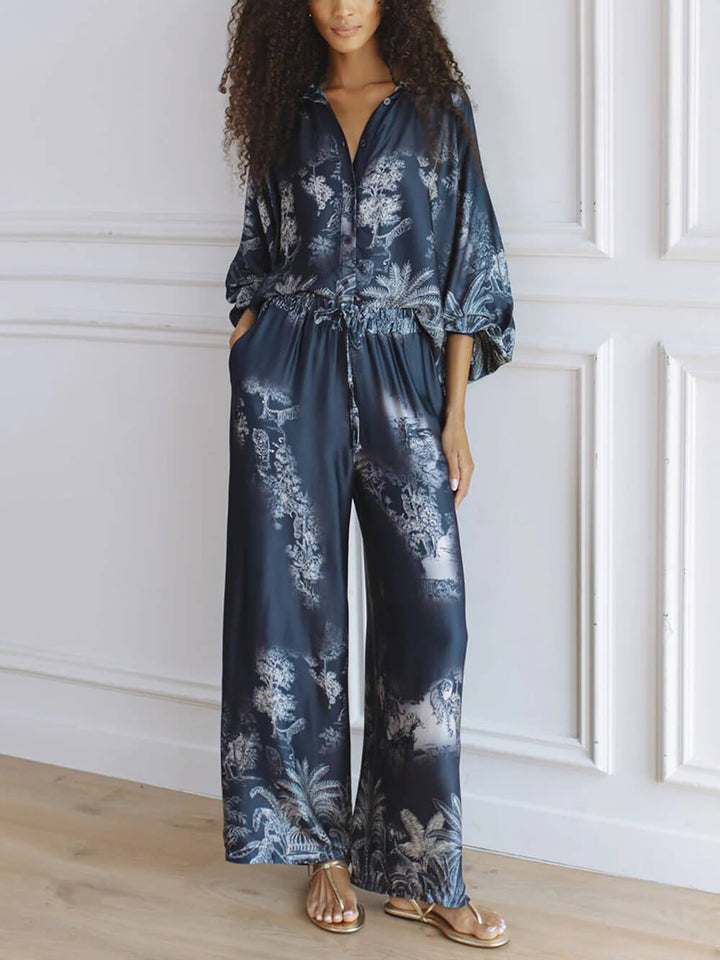 Unique Navy Blue Floral Print Loose-fitting Top with Elastic Waist and Wide-leg Pants Set