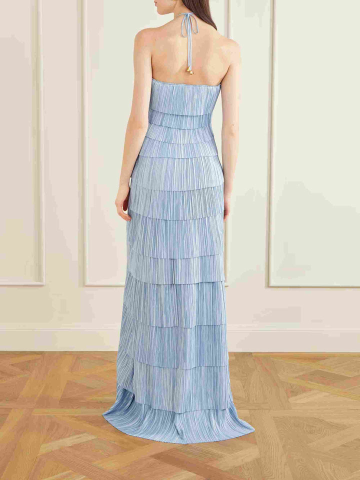 Elegant Tiered Asymmetric Ruffle Pleated Maxi Dress