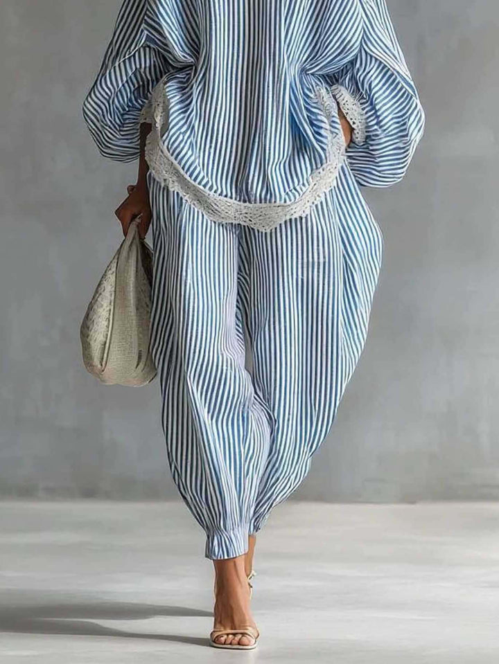 Casual Striped Batwing Sleeve Top & Drawstring Jogger Pants Two-Piece Set