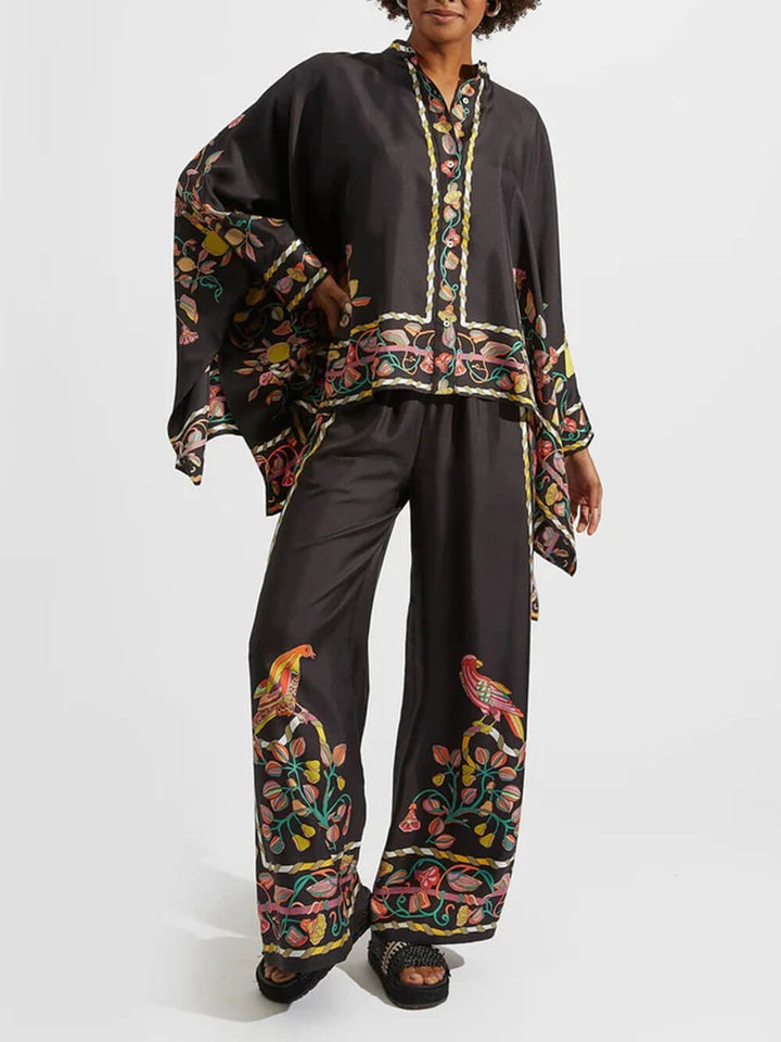 Unique Satin Draped Floral Print High-Waisted Wide-Leg Pants