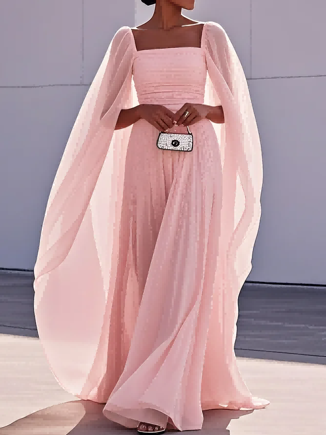 Elegant Cape Sleeve Pleated Chiffon Maxi Dress