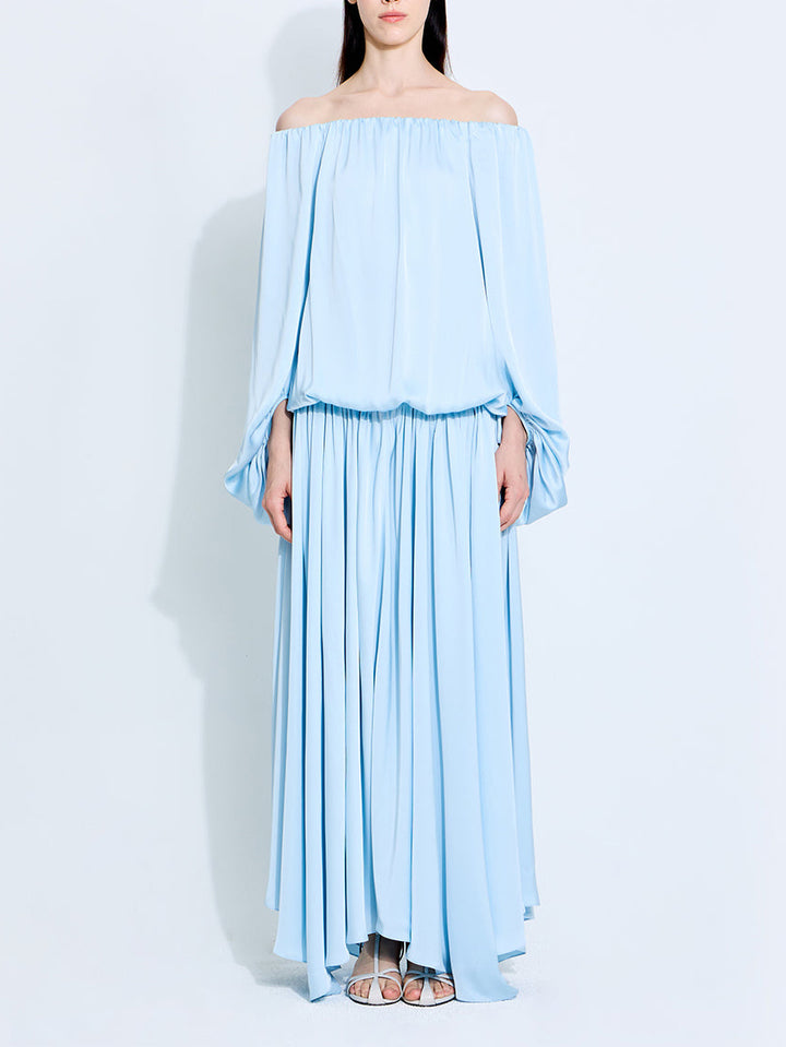 Elegant Satin Off-Shoulder Flowing Maxi Dress
