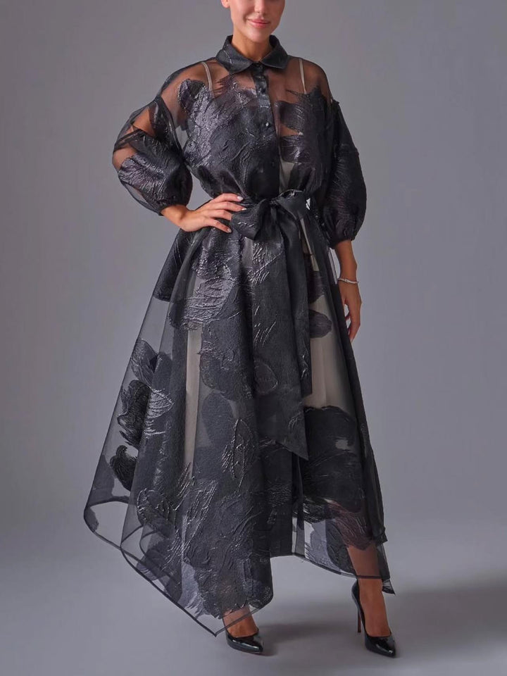 Elegant French Jacquard Shirt-Style Maxi Dress