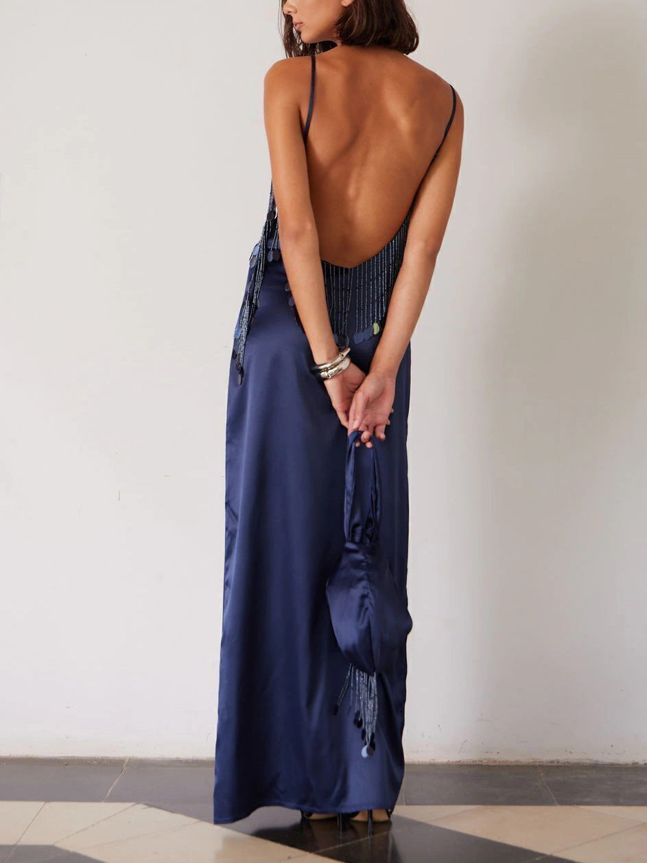 Elegant Sequin Fringe Satin Maxi Dress