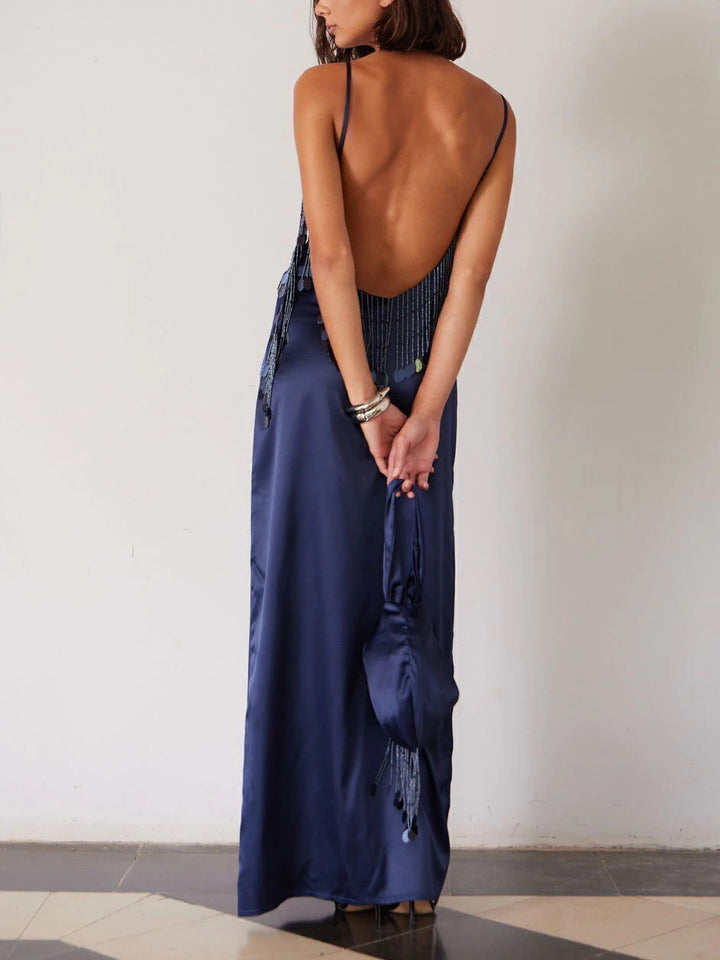 Elegant Sequin Fringe Satin Maxi Dress