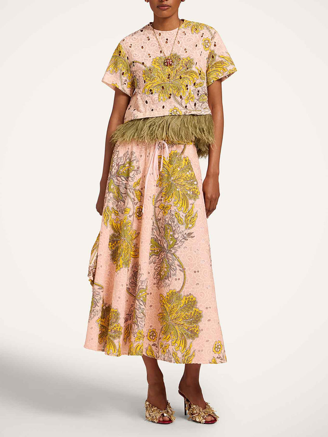Elegant Paisley Print Feather Trim Top
