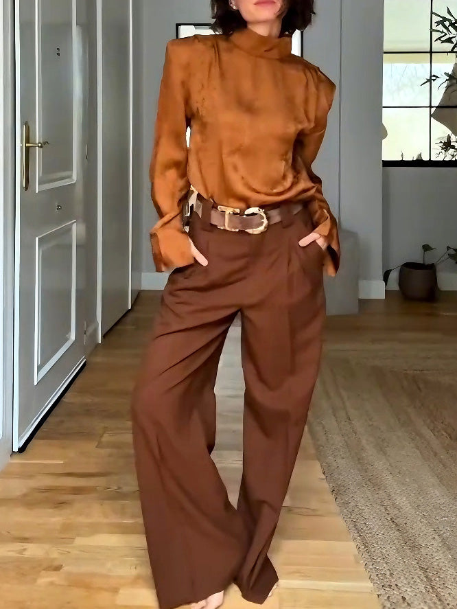 Elegant Satin High-Neck Blouse & Pants Two-Piece Set